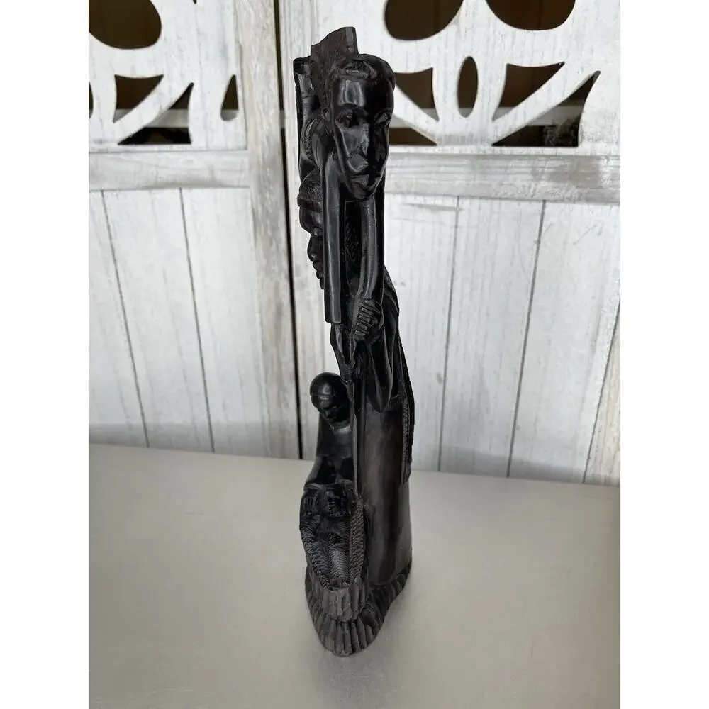 African Statue Ebony Wood Carved Family Of 4 Statue Tanzania 14.5in Mother Baby